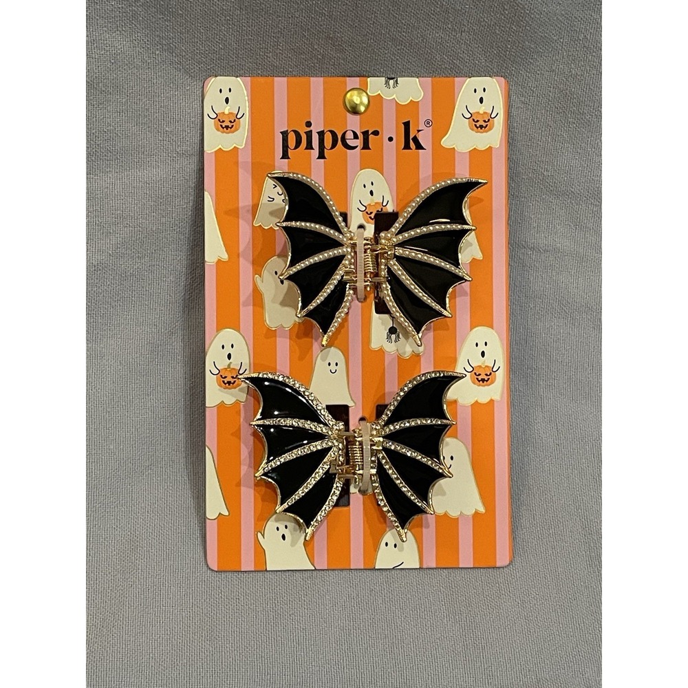 NEW Piper K - 2 Gold Colored Metal Hair Clip - Halloween Rhinestone Bat Wings